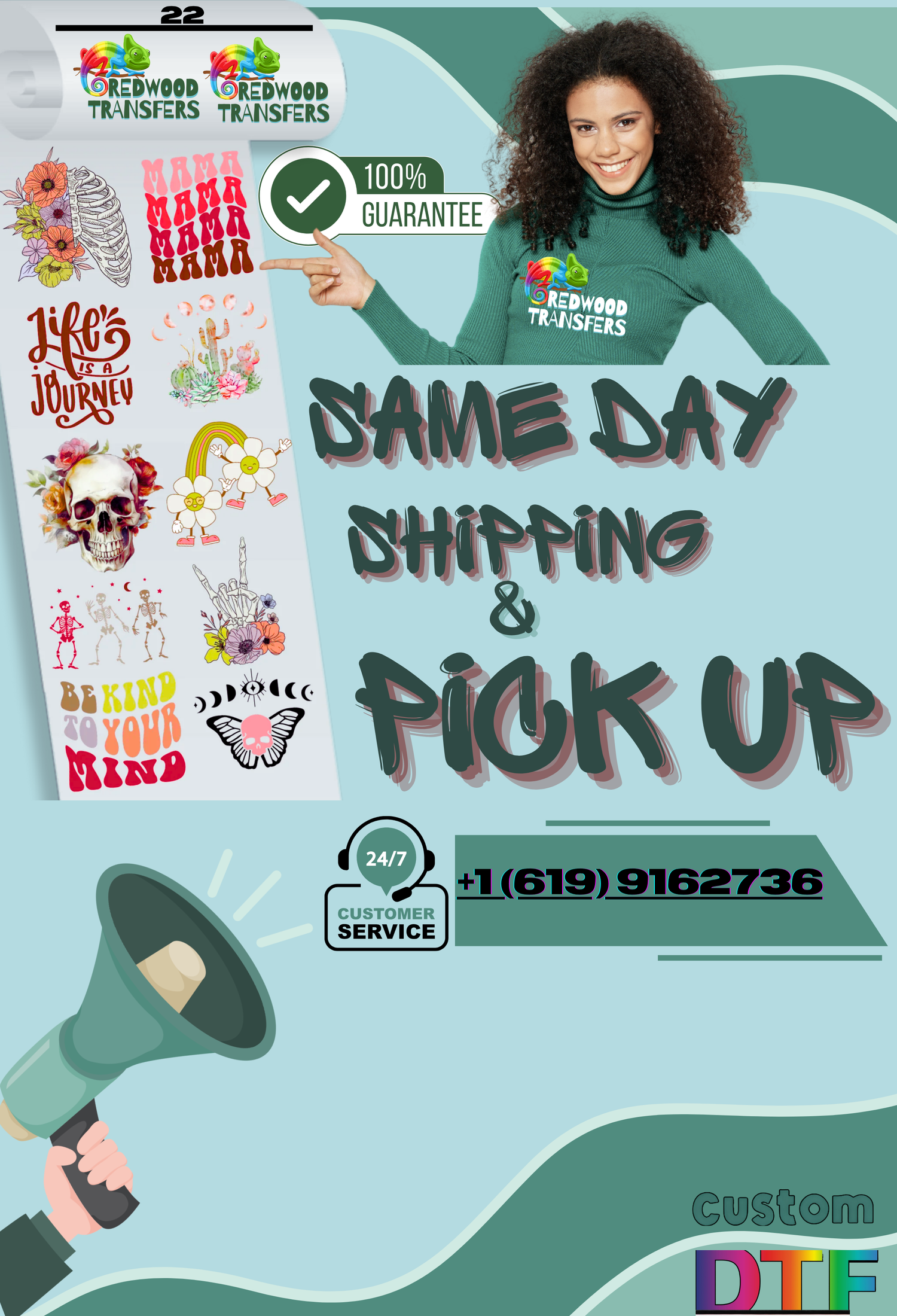 DTF transfers, custom shirts and gang sheets. Same‑day local pickup in San Diego, fast shipping statewide