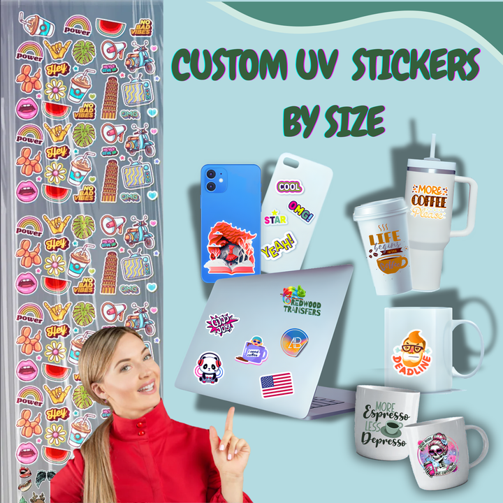 Custom UV stickers displayed on various items with a person pointing at them.