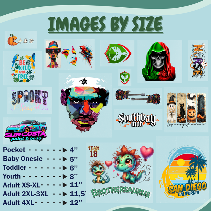 Collage of colorful DTF transfer designs grouped by size—pocket, toddler, youth and adult—in Redwood Transfers’ ‘Images by Size’ collection