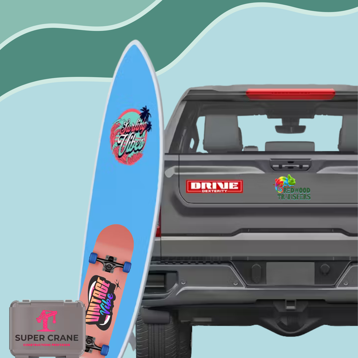 Skateboard with colorful design and stickers on a car with visible stickers.
