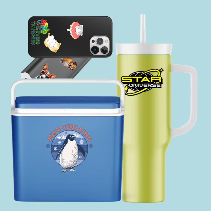 Blue cooler with penguin design, yellow tumbler with 'Star Universe' logo, and phone case with stickers on a light blue background.