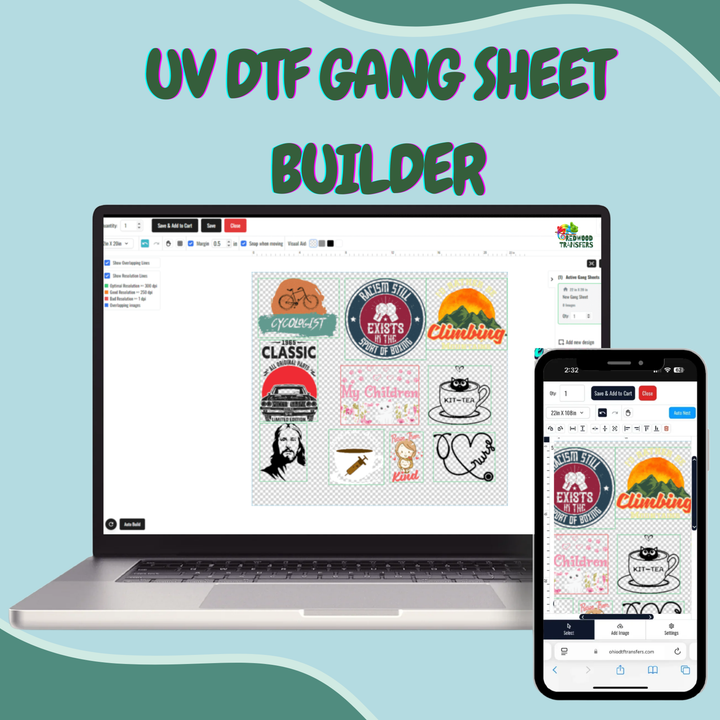 Laptop and phone displaying UV DTF Gang Sheet Builder on a light blue background